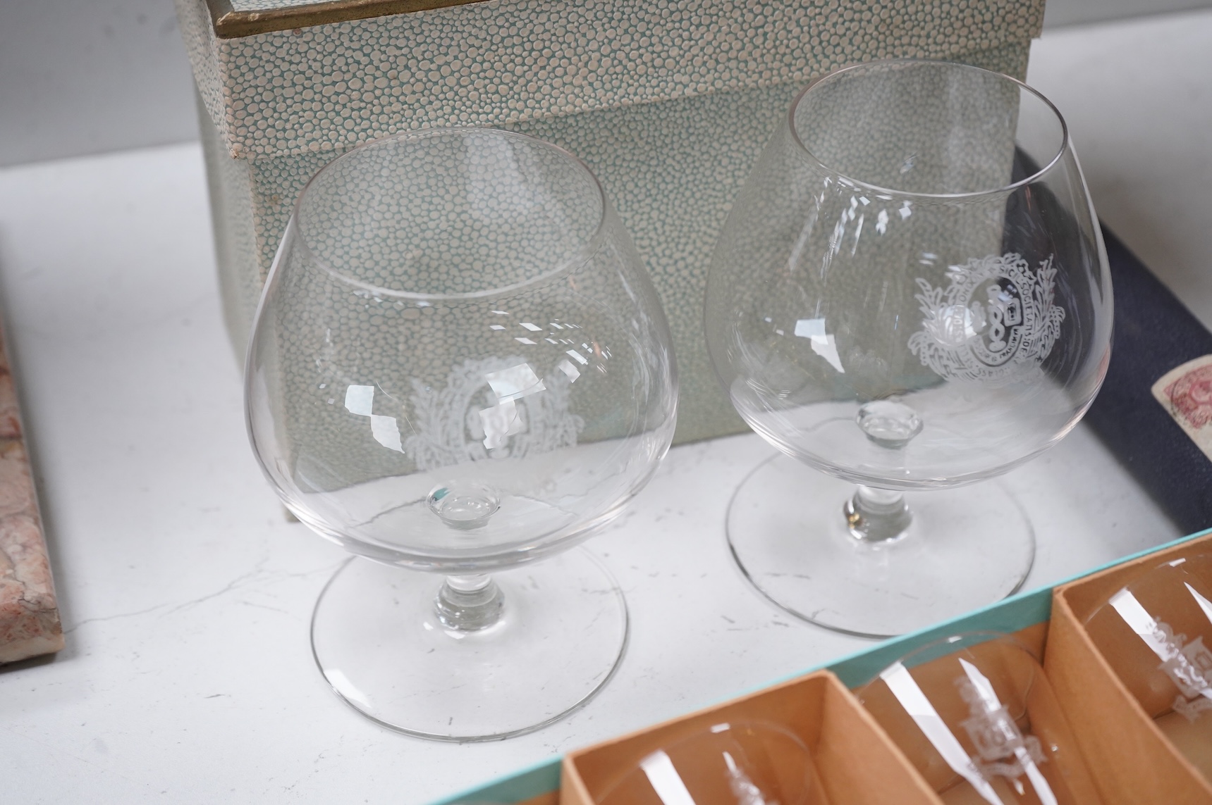 A collection of glass from the company of glass sellers. Including a replica of a gift given to Elizabeth II as a wedding gift, with a letter from the palace.